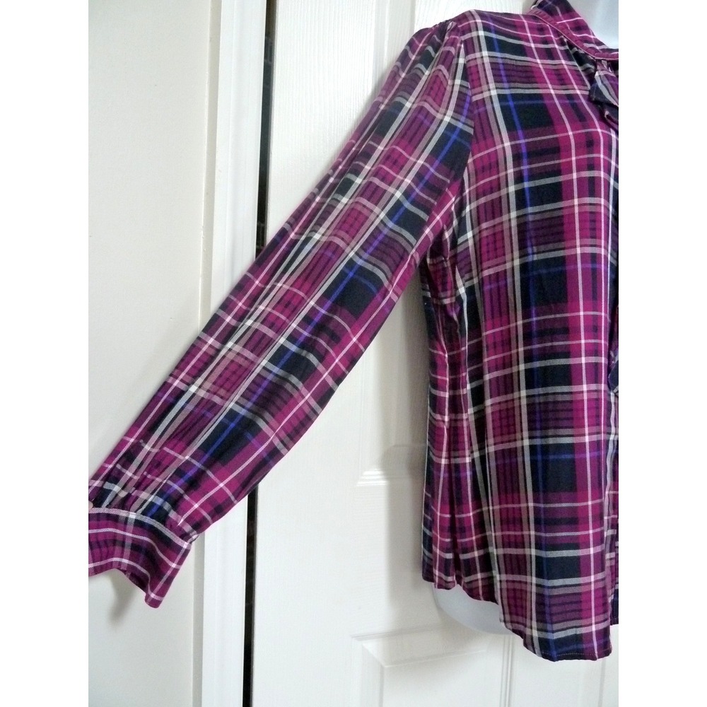 NWT CHICO'S Sz 1=8/10, Med. Ruffle Purple Plaid Blouse Country Cottage Western - Picture 3 of 6
